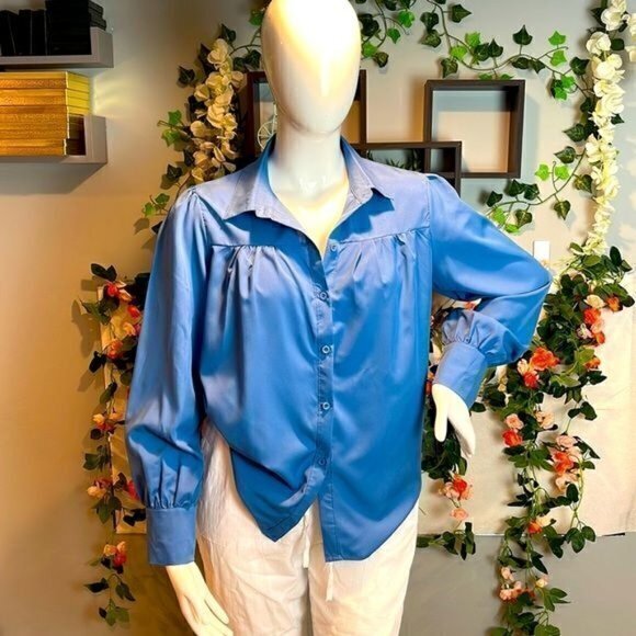 Victorian Style Sky Blue Tunic V Neck Button Down Casual Blouse Size‎ XLRef0I2 - Picture 1 of 8